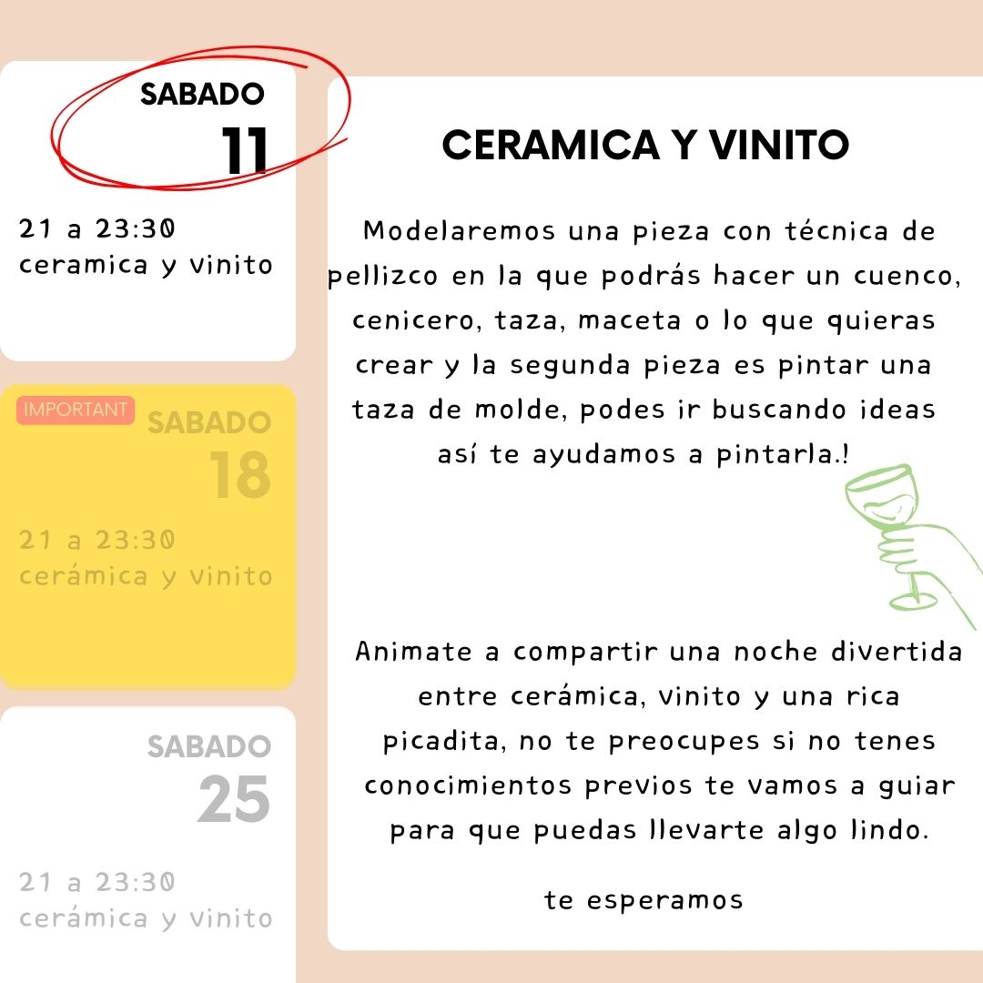 Workshop - Cerámica y Vinito - Sábado 11