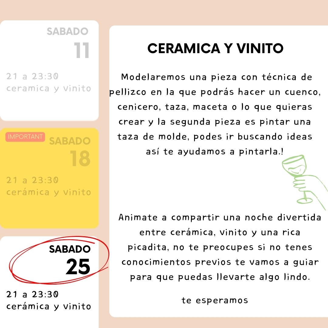 Workshop - Cerámica y Vinito - Sábado 25